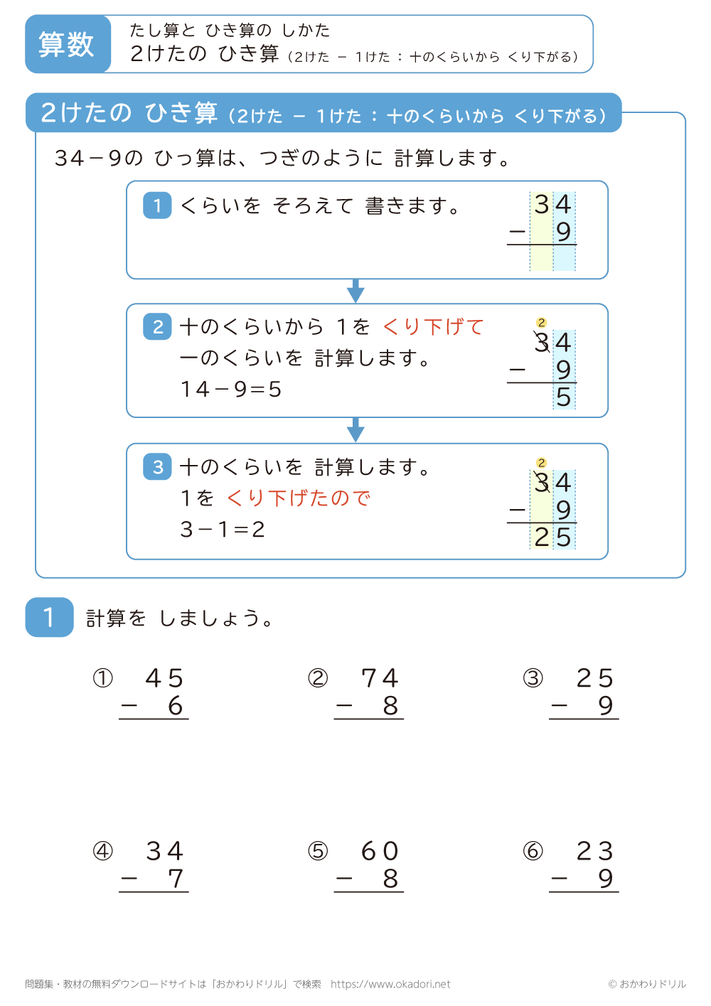 2桁－1桁の引き算の筆算（十の位からくり下がる）1