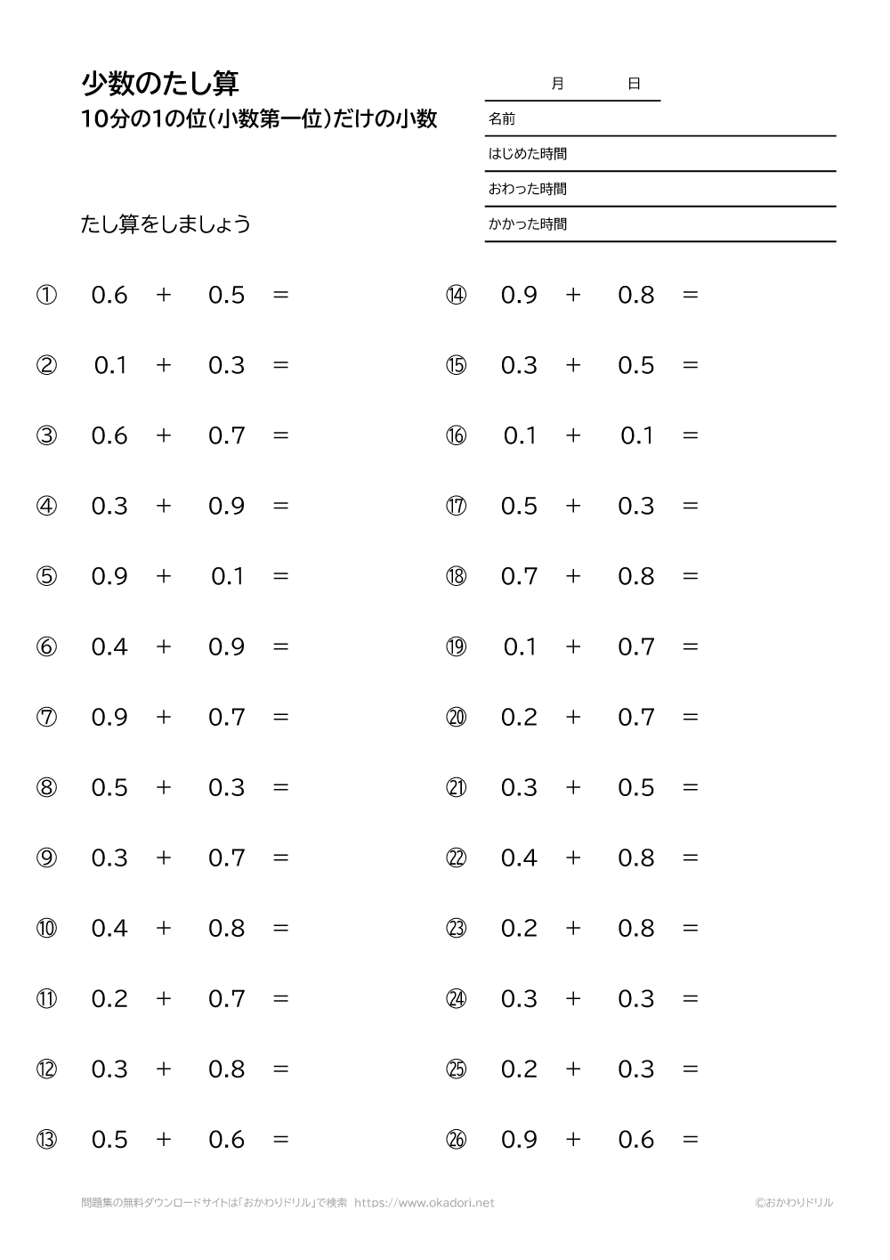 小学3年生 算数 無料問題集 小数 10分の1の位だけ の足し算 おかわりドリル