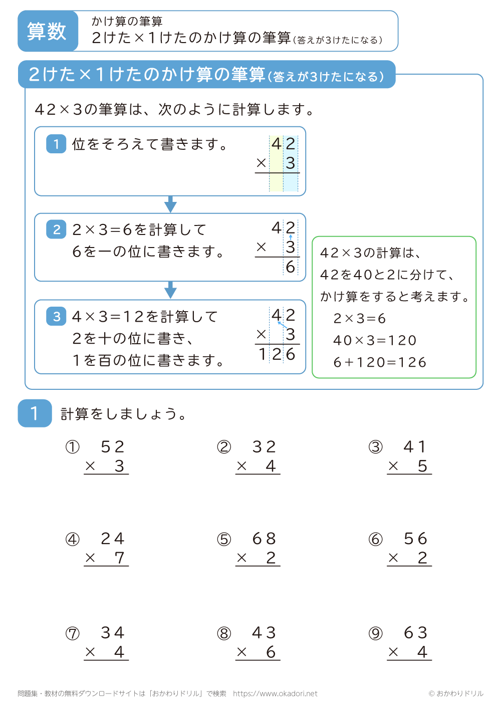 2桁×1桁のかけ算の筆算（答えが3桁になる）1