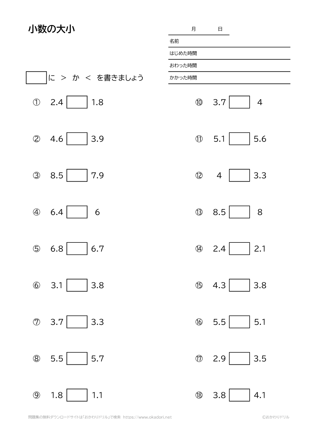 小学3年生 算数 無料問題集 小数の大小 おかわりドリル