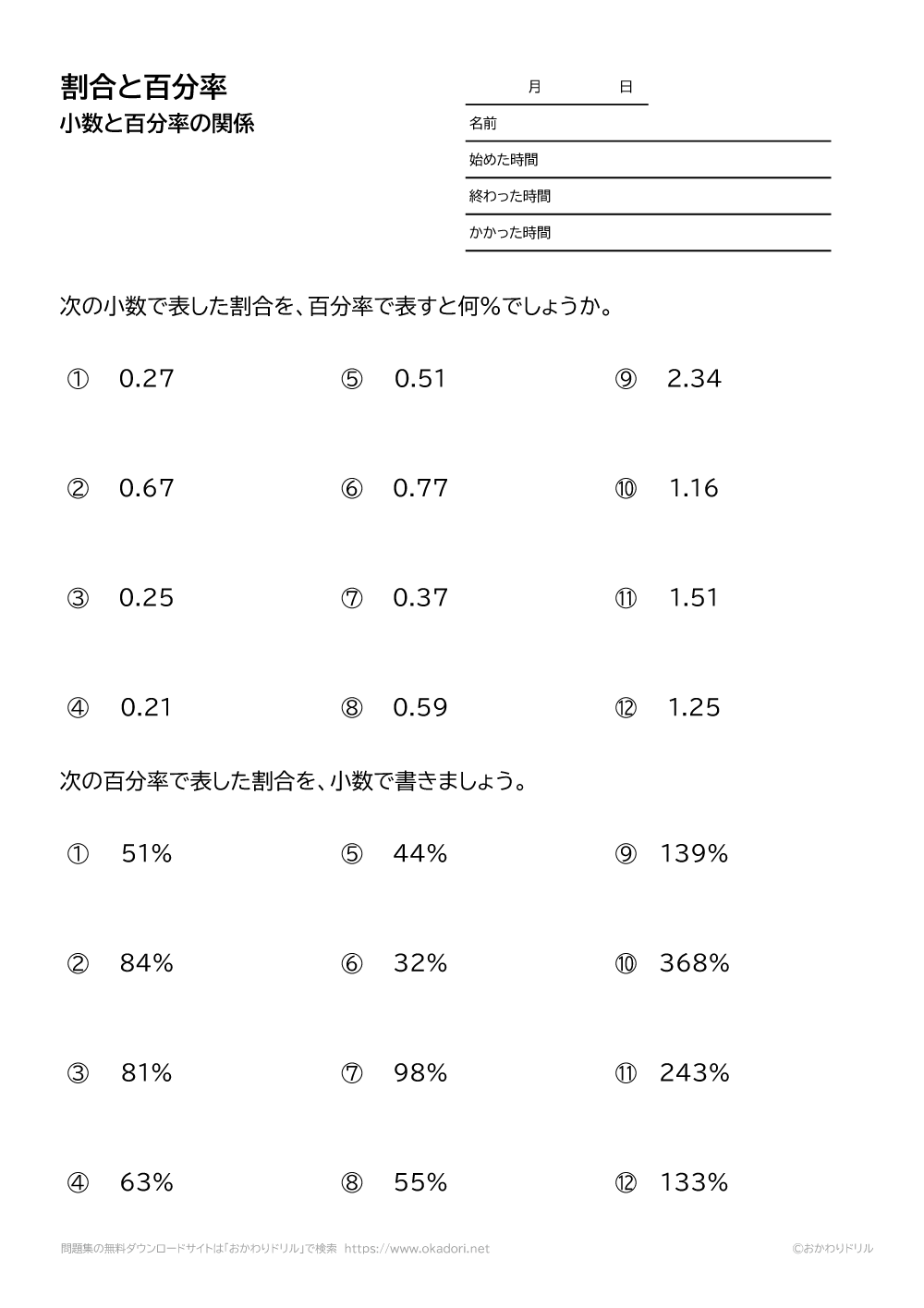 小学5年生 算数 無料問題集 割合と百分率 おかわりドリル