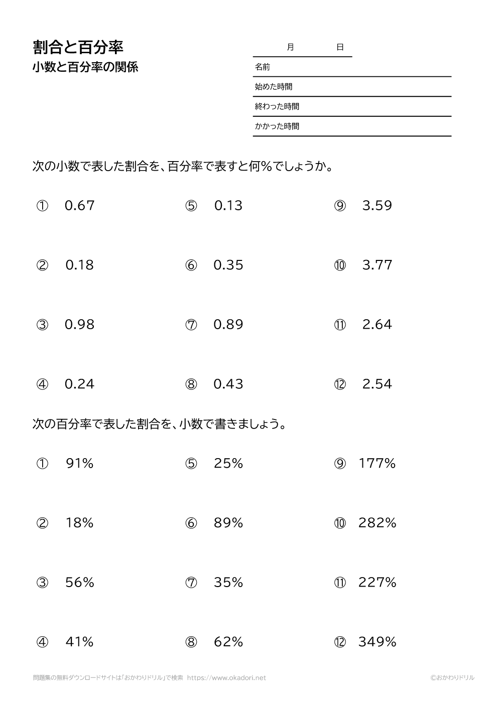 小学5年生 算数 無料問題集 割合と百分率 おかわりドリル