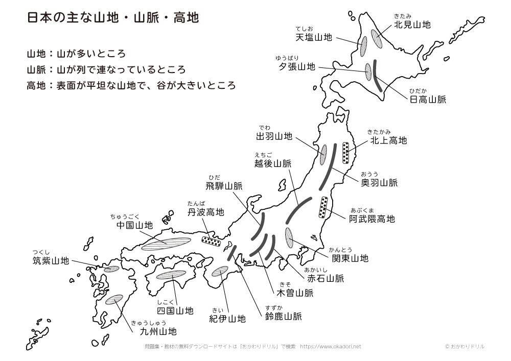 小学生 社会 日本の主な山脈 山地 高地 おかわりドリル