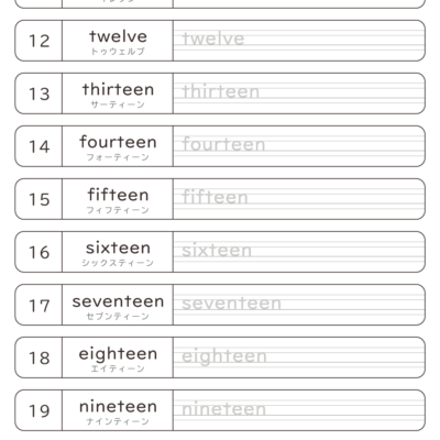 11～20の数の英単語の書き方練習