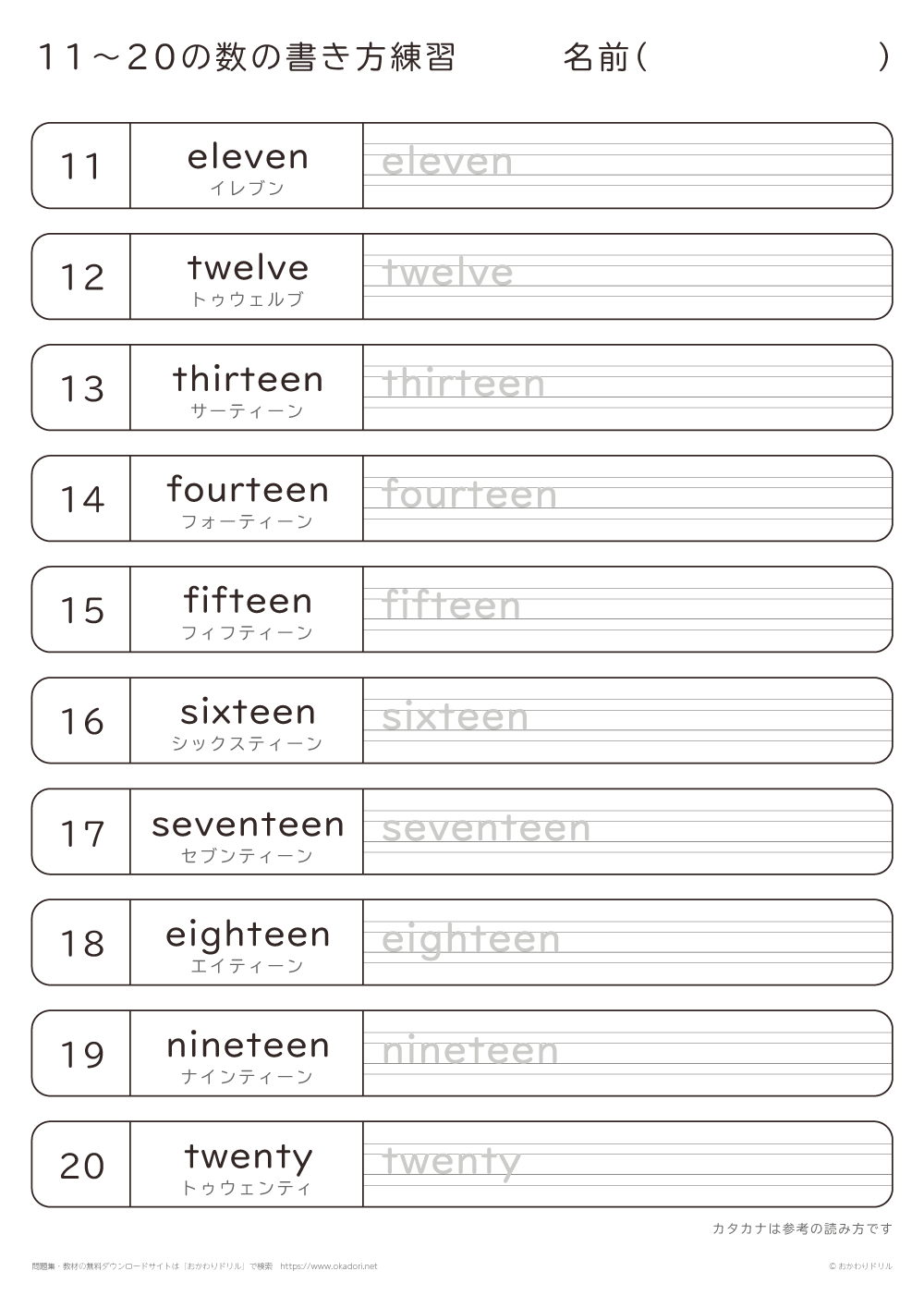 11～20の数の英単語の書き方練習