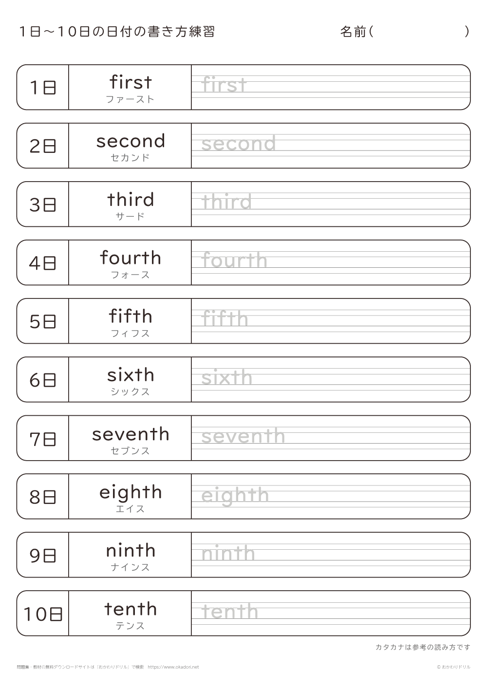 小学生 英語 日付 First Tenth の英単語の書き方練習 おかわりドリル