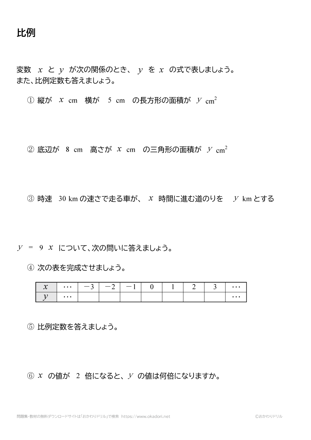 中学1年生 数学 無料問題集 比例 おかわりドリル