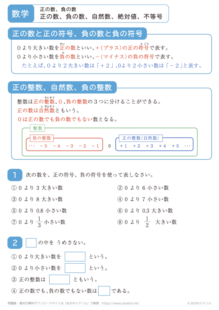中学一年生数学問題 – 1年生で習う正数負数 | 【無料】正負の数の大小プリントPDF|中1数学 定期テスト対策 – OBOGQ