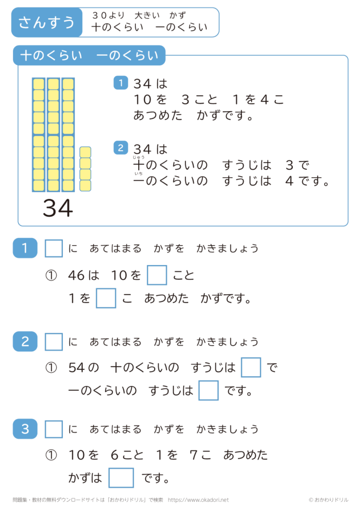 小学1年生|算数|十のくらい・一のくらい|無料問題プリント - おかわりドリル